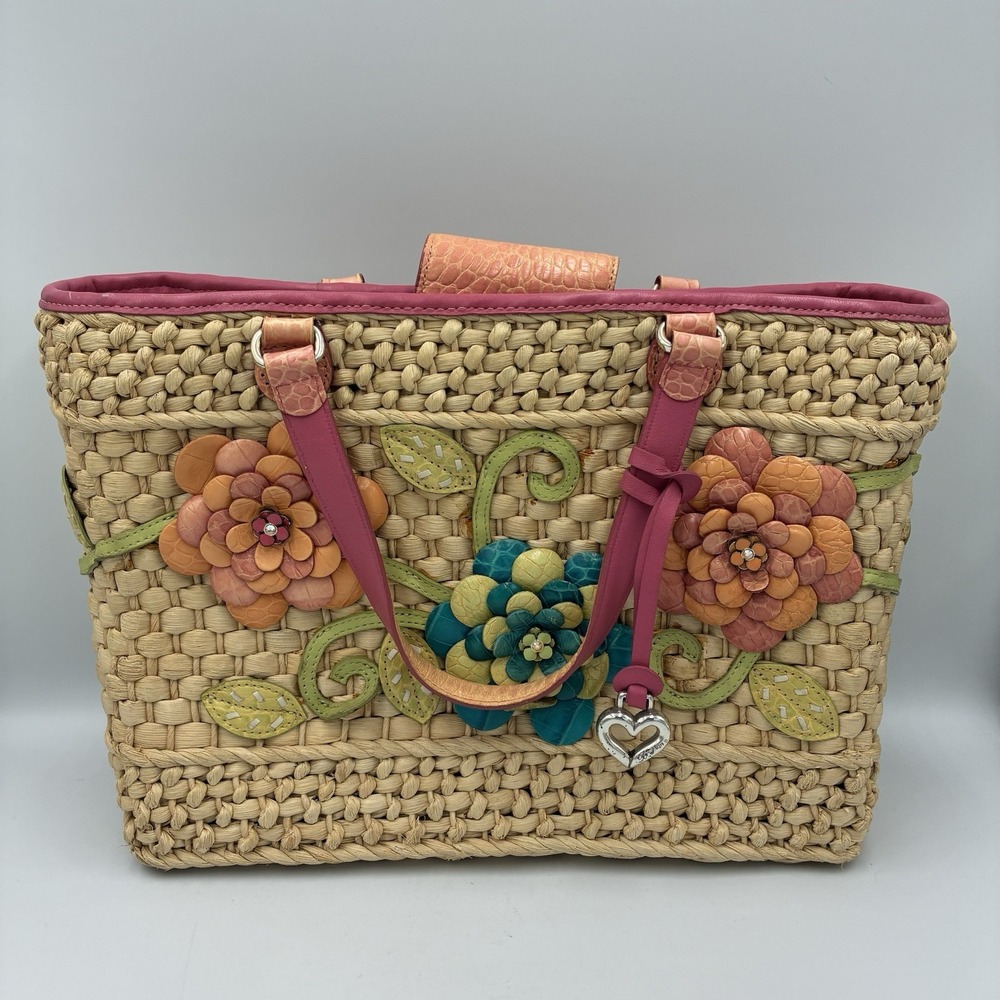 Vintage Brighton Floral Straw Handbag Boho Festival Tan Pink Leather Trim Bag